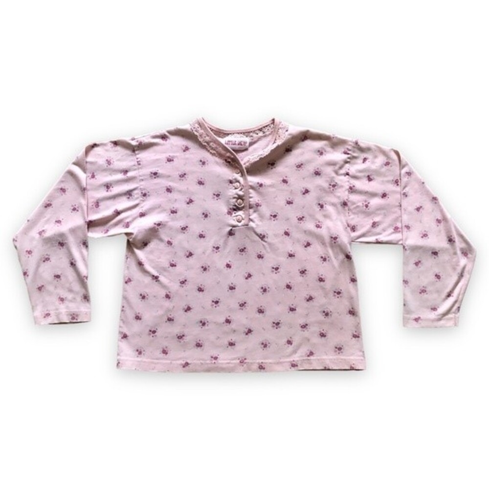 Vintage Little Lady Pink Floral Lace Henley Long Sleeve Shirt Feminine Coquette